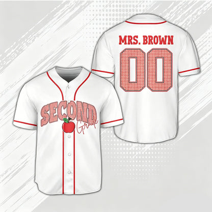 Personalized Grade And Name Gingham Apple Teacher Baseball Jersey