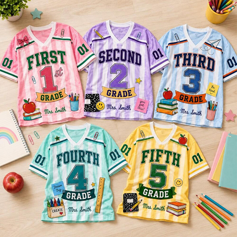 Personalized Grade Striped Apple Book Star Print Teacher Mesh Jersey