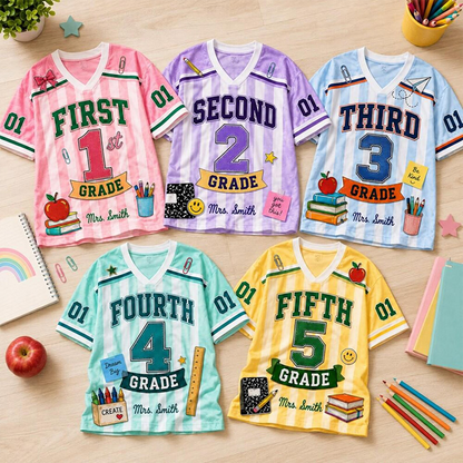 Personalized Grade Striped Apple Book Star Print Teacher Mesh Jersey
