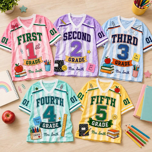 Personalized Grade Striped Apple Book Star Print Teacher Mesh Jersey
