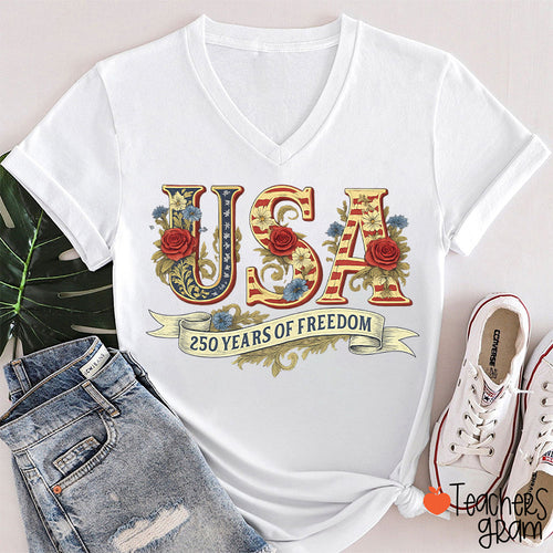 Usa 250 Years Of Freedom Teacher Female V-Neck T-Shirt