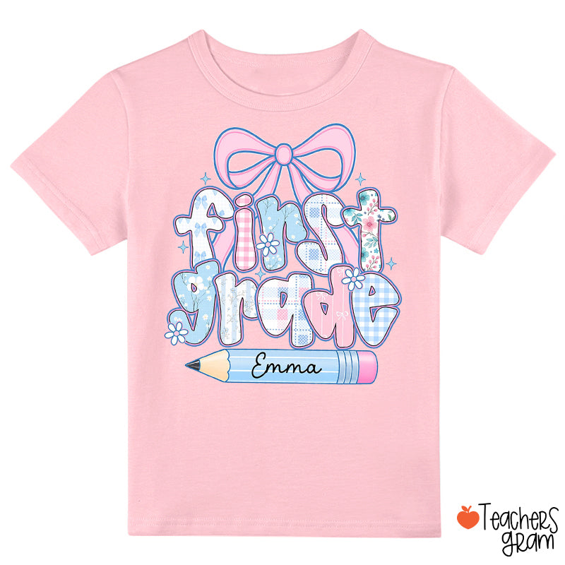 Personalized Grade Name Plaid Bow Pencil Class T‑Shirt