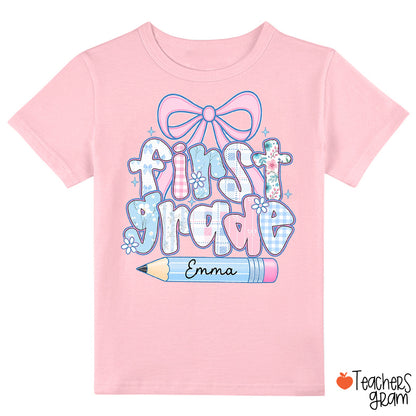 Personalized Grade Name Plaid Bow Pencil Class T‑Shirt