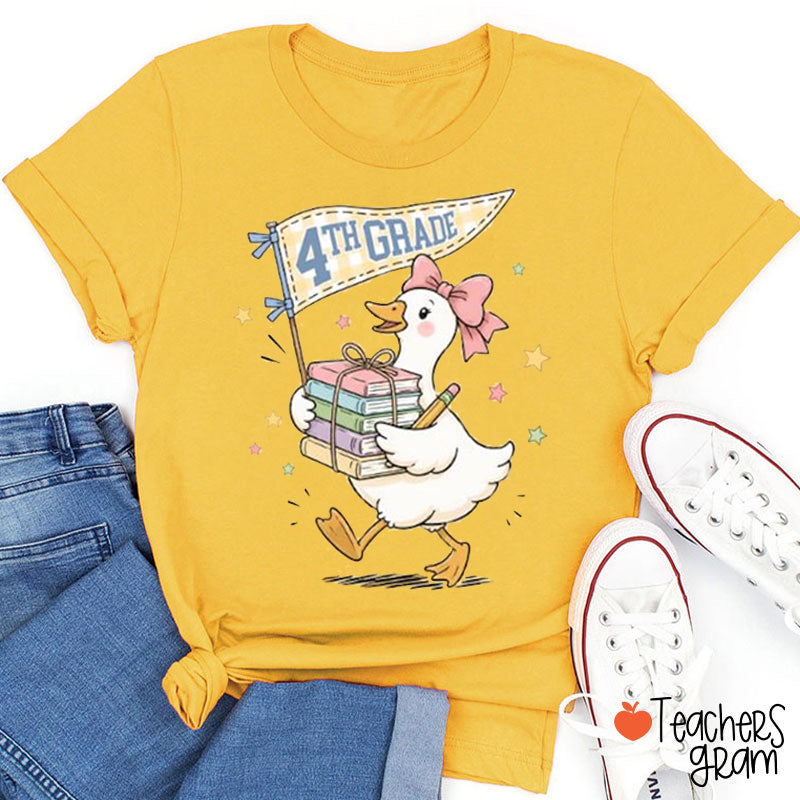 Personalized Grade Silly Goose Book Pennant Teacher T-Shirt