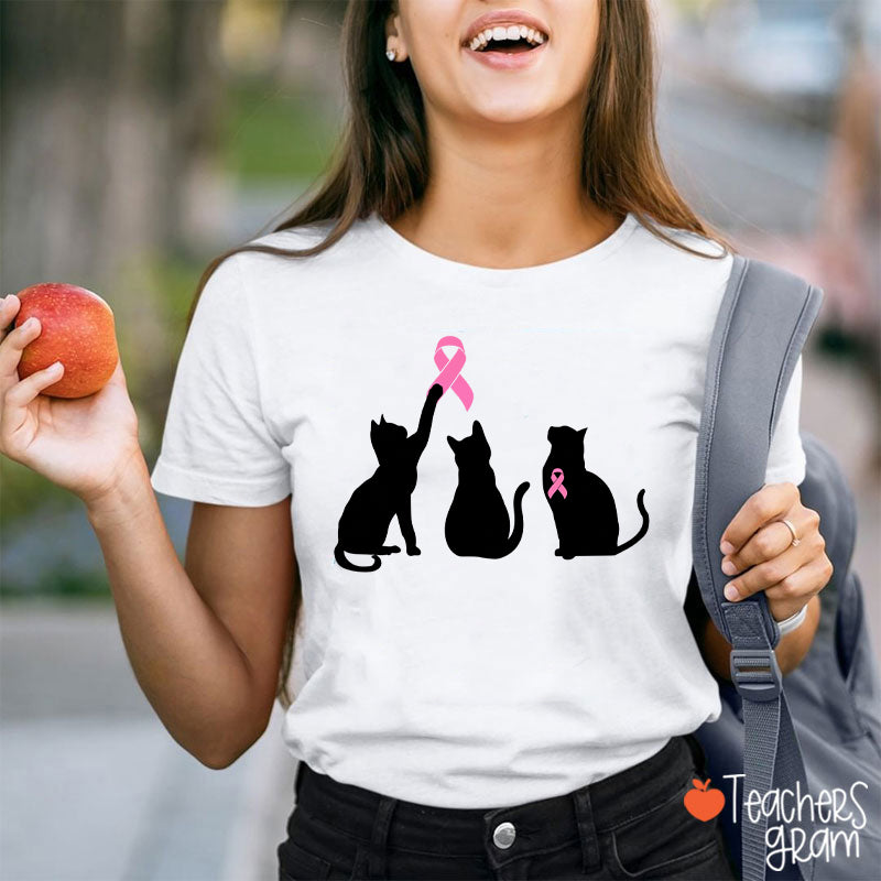 Pink Ribbon Black Cat Silhouette Awareness Graphic Teacher T-Shirt