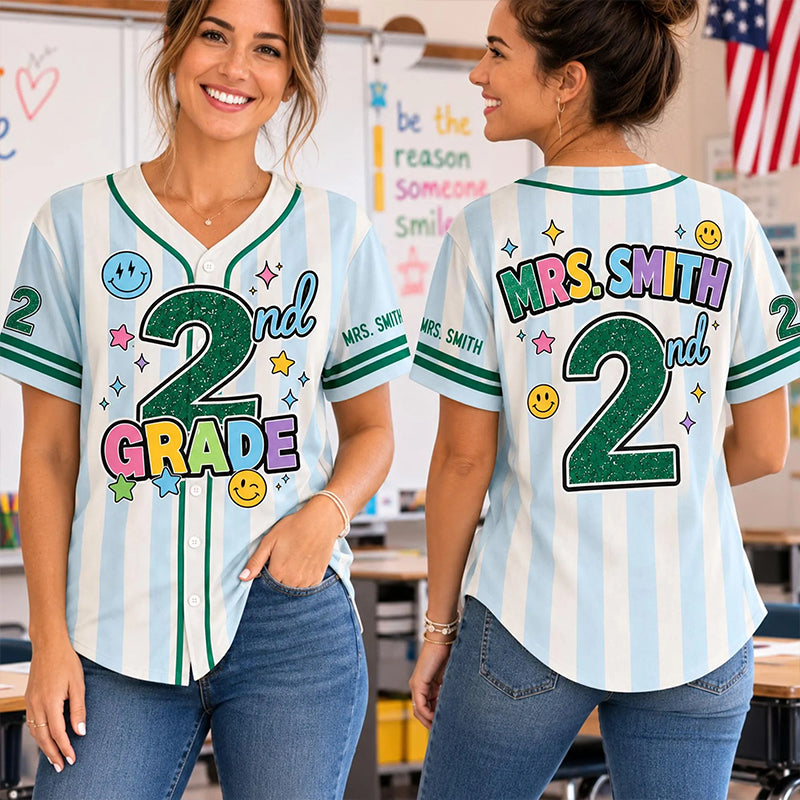 Personalized Grade And Name Preppy Stripes Satr Smile Teacher Baseball Jersey