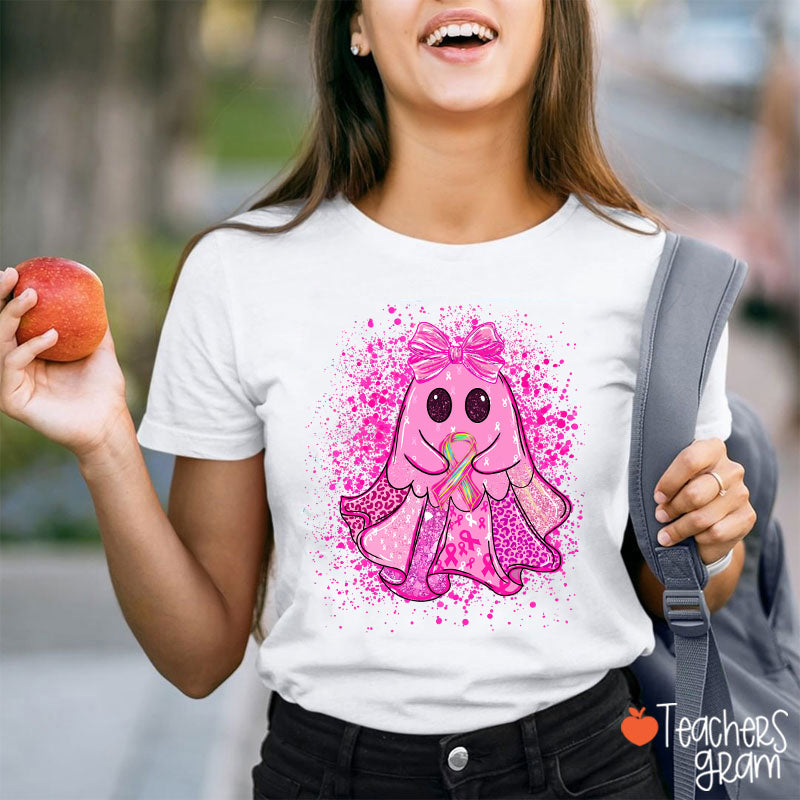 Cute Pink Ghost Bow Ribbon Leopard Glitter Halloween Teacher T-Shirt