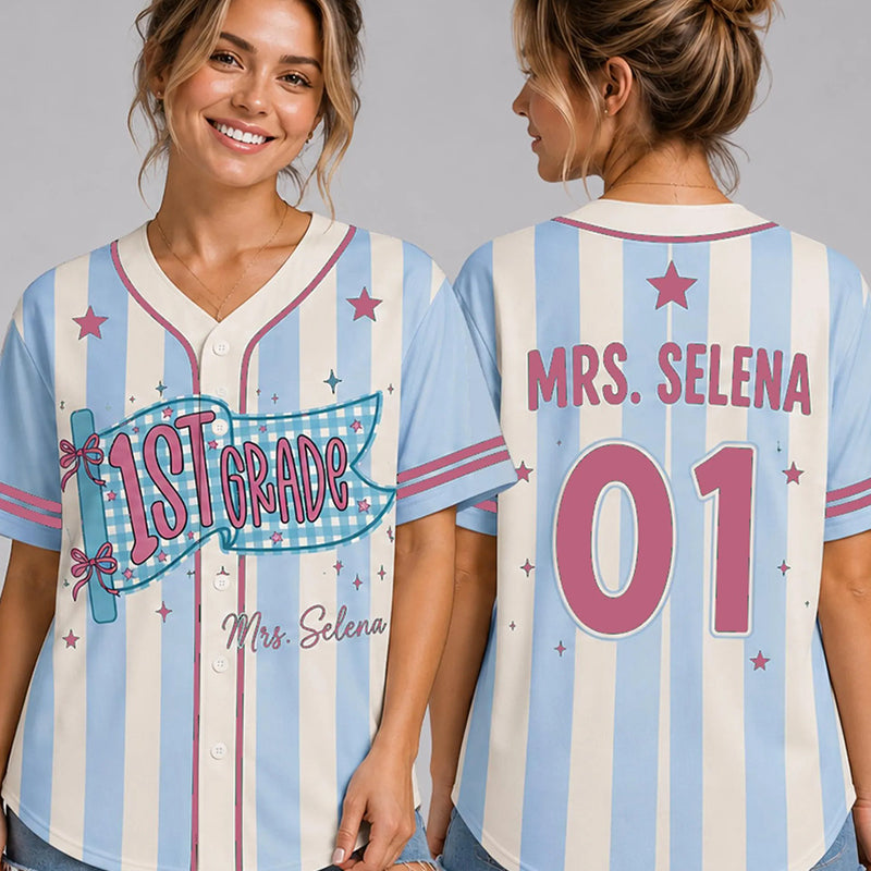 Personalized Grade And Name Gingham Pennant Teacher Baseball Jersey