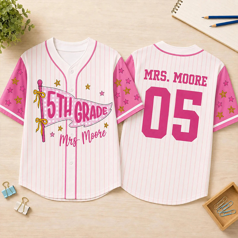 Personalized Grade And Name Pennant Striped Teacher Baseball Jersey