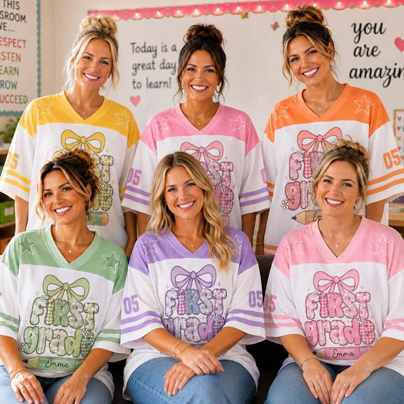 Personalized Grade And Name Gingham Bow Pencil Teacher Mesh Jersey