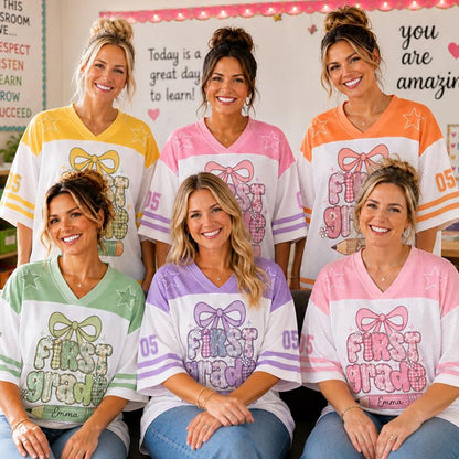 Personalized Grade And Name Gingham Bow Pencil Teacher Mesh Jersey