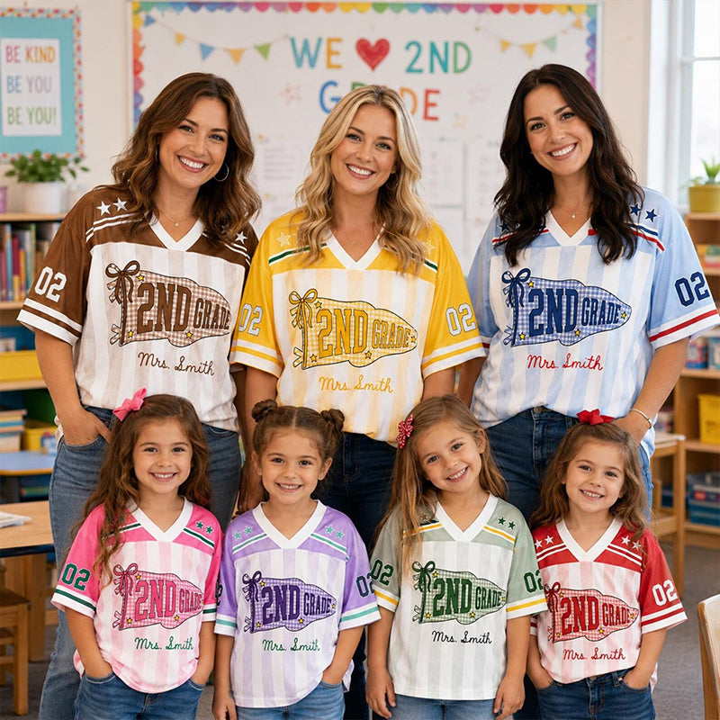 Personalized Grade And Name Preppy Color Block Stripes Pennant First Day Teacher Mesh Jersey