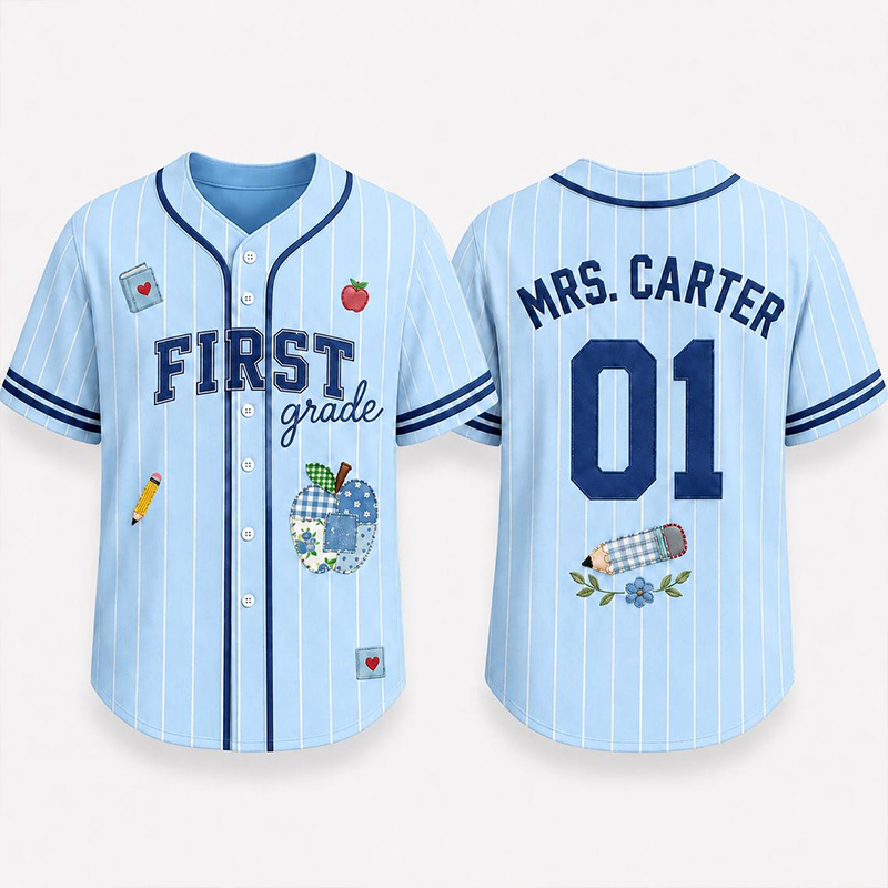 Personalized Grade Striped Apple Flower Print Teacher Baseball Jersey