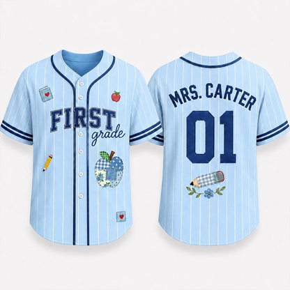 Personalized Grade Striped Apple Flower Print Teacher Baseball Jersey