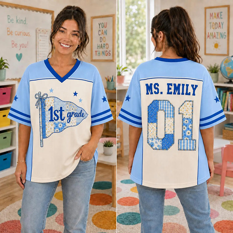 Personalized Grade And Name Preppy Patchwork Pennant First Day Teacher Mesh Jersey