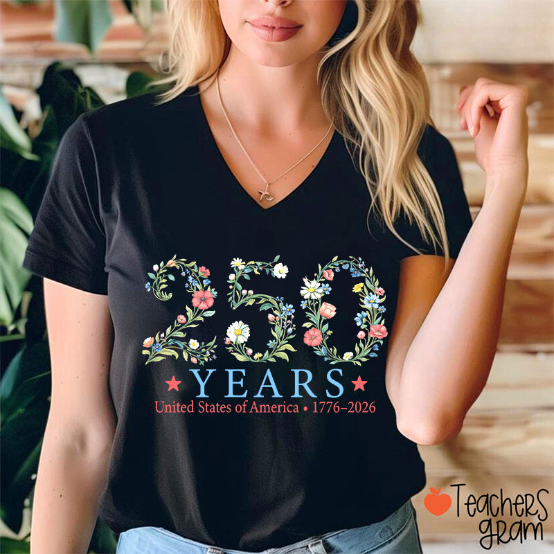 USA 250th Anniversary Floral Teacher Female V-Neck T-Shirt