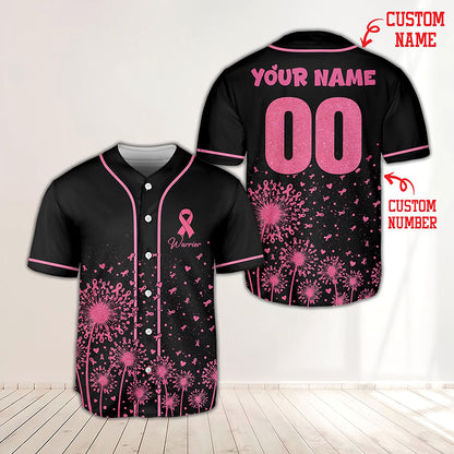 Personalized Name And Number Breast Cancer Warrior Pink Ribbon Dandelion Teacher Baseball Jersey