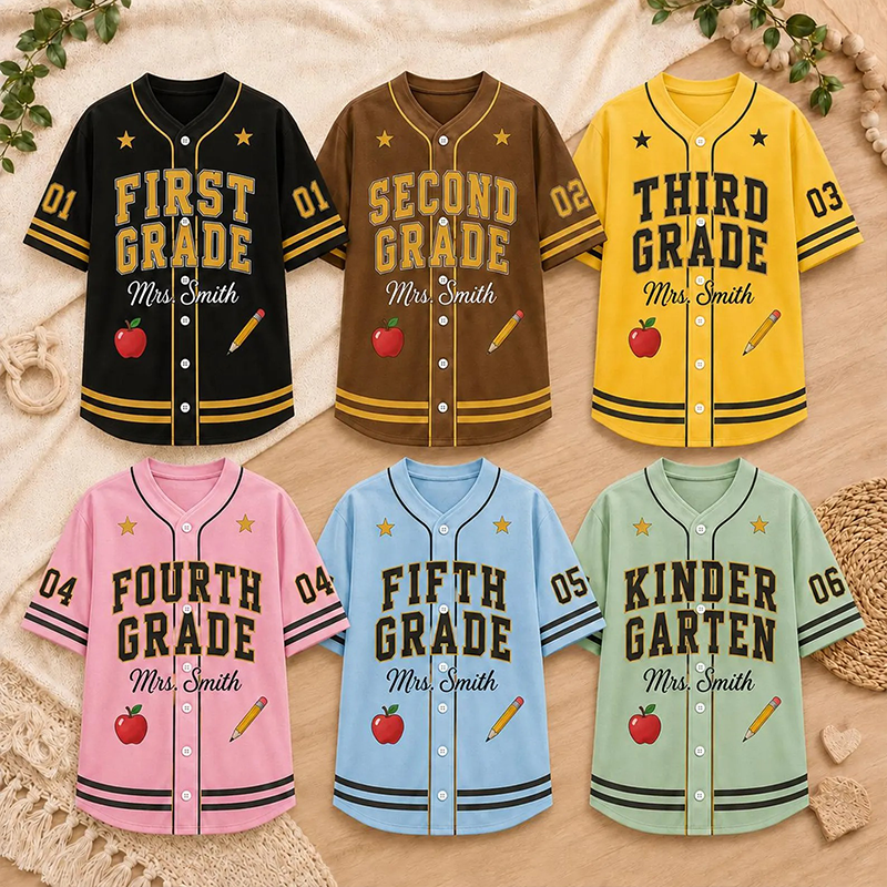 Personalized Grade And Name Apple Pencil Graphic Teacher Baseball Jersey