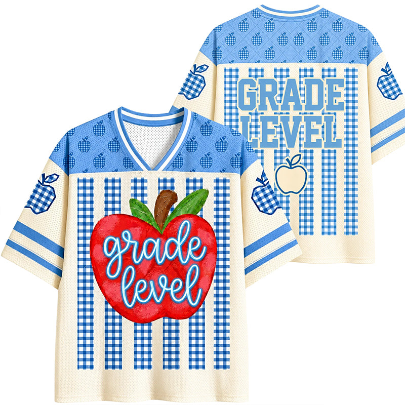 Personalized Grade Apple Gingham Stripe Teacher Mesh Jersey