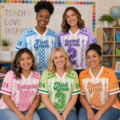Personalized Grade Stripe Check Number Teacher Mesh Jersey