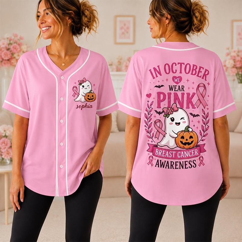 Personalized In October We Wear Pink Ghost Pumpkin Breast Cancer Awareness Baseball Jersey