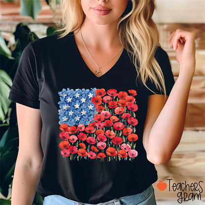Floral USA Flag 250th Anniversary Teacher Female V-Neck T-Shirt