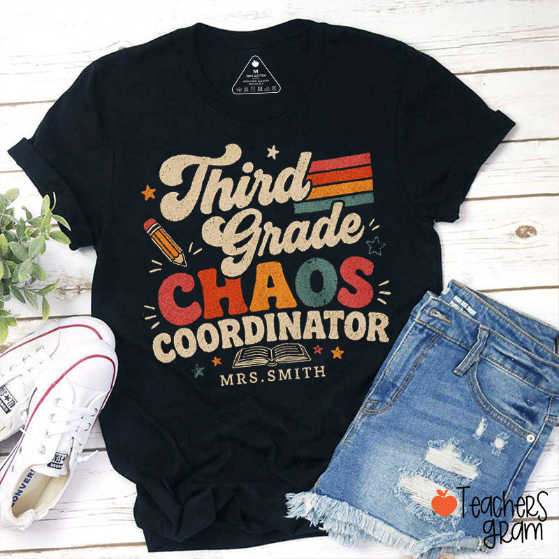 Personalized Name Pencil Book Star Retro Stripe Third Grade Chaos Coordinator Teacher T-Shirt