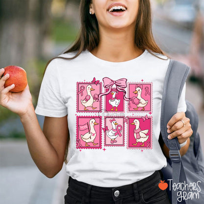 Silly Goose Pink Ribbon Stamp Collage Hope Graphic Teacher T-Shirt