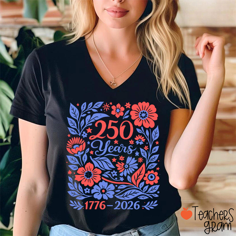 Floral 250 Years 1776 To 2026 Teacher Female V-Neck T-Shirt