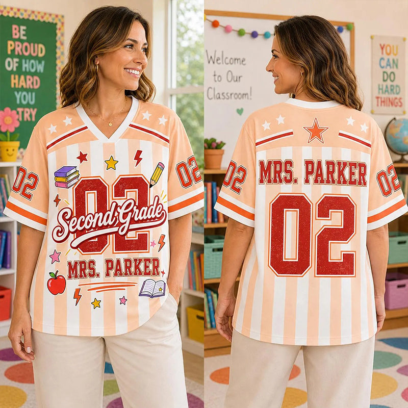 Personalized Grade Name Pastel Stripe Teacher Mesh Jersey