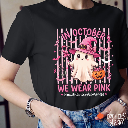 In October We Wear Pink Cute Ghost Witch Breast Cancer Awareness Teacher T-Shirt