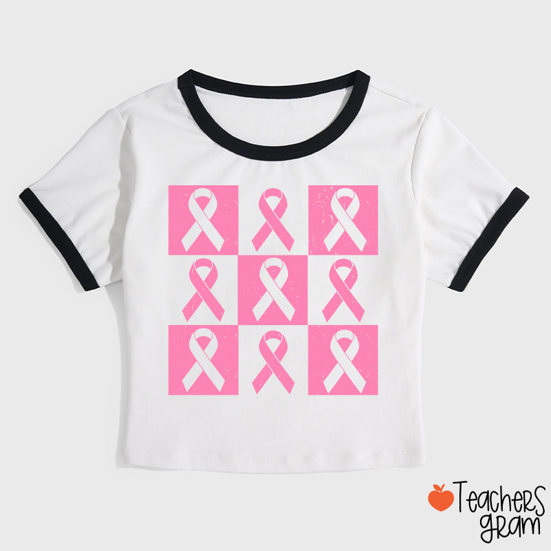 Pink Ribbon Breast Cancer Awareness Teacher Ringer T-Shirt
