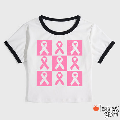 Pink Ribbon Breast Cancer Awareness Teacher Ringer T-Shirt