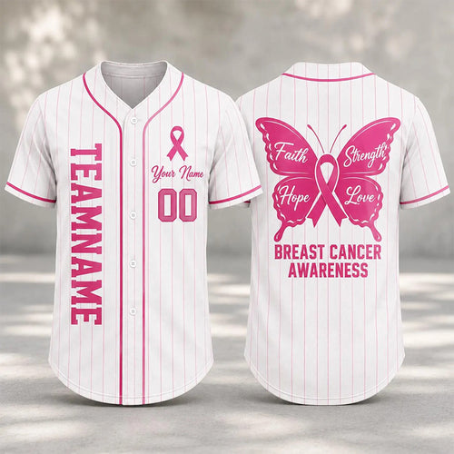 Personalized Name Name Number Pink Ribbon Butterfly Decor Teacher Baseball Jersey