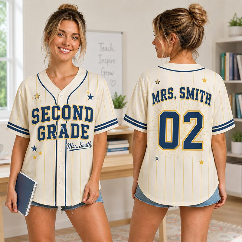 Personalized Grade And Name Preppy Pinstripe Star First Day Teacher Baseball Jersey