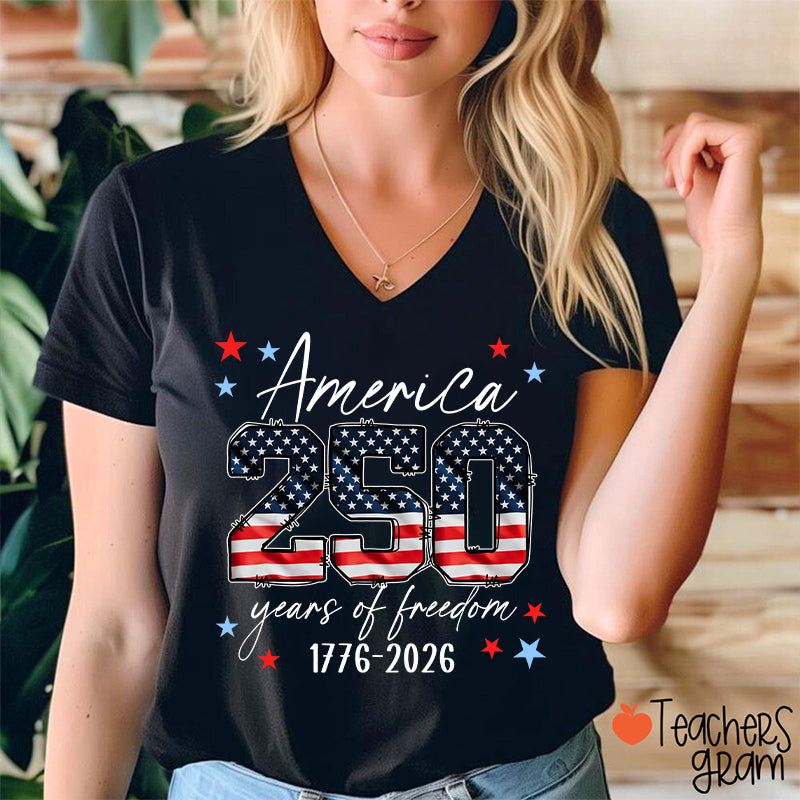 USA 250 Years Of Freedom 1776-2026 Teacher Female V-Neck T-Shirt