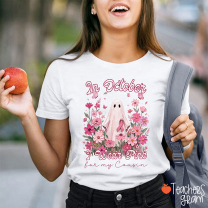 Personalized In October I Wear Pink Ghost Pink Ribbon Floral Memorial Text Teacher T-Shirt