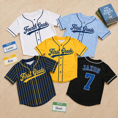 Personalized Grade And Name Preppy Pinstripe Script First Day Teacher Baseball Jersey