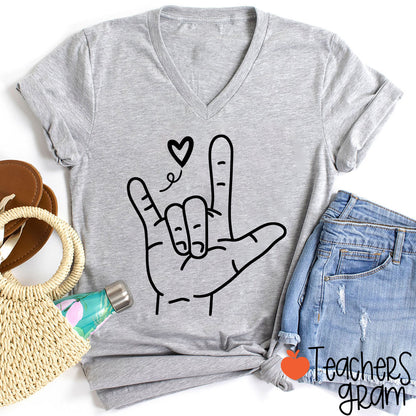 Sign Language Love Needs No Words Teacher Female V-Neck T-Shirt