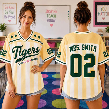 Personalized Mascot And Name Stripe Teach Love Inspire Teacher Mesh Jersey