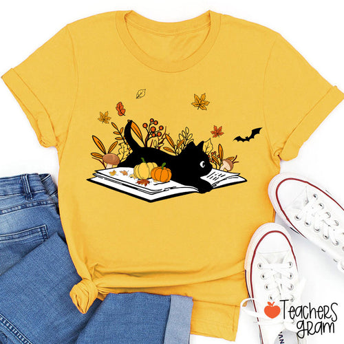 Black Cat With Book Teacher T-Shirt