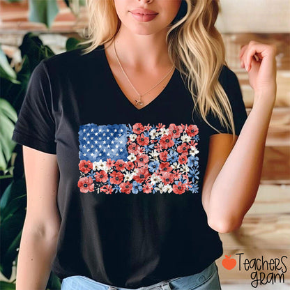 Vintage Floral USA Flag Teacher Female V-Neck T-Shirt