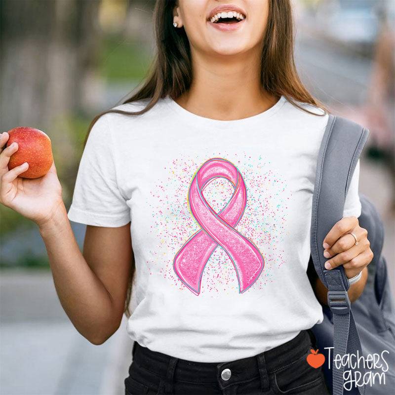 Sparkly Pink Ribbon Awareness Teacher T-Shirt
