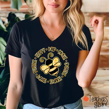 Bee Happy Kind Brave Teacher Female V-Neck T-Shirt