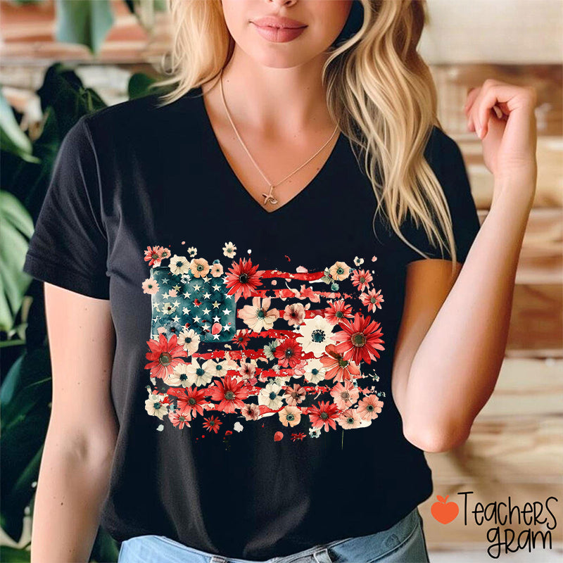 American Flag Floral Teacher Female V-Neck T-Shirt