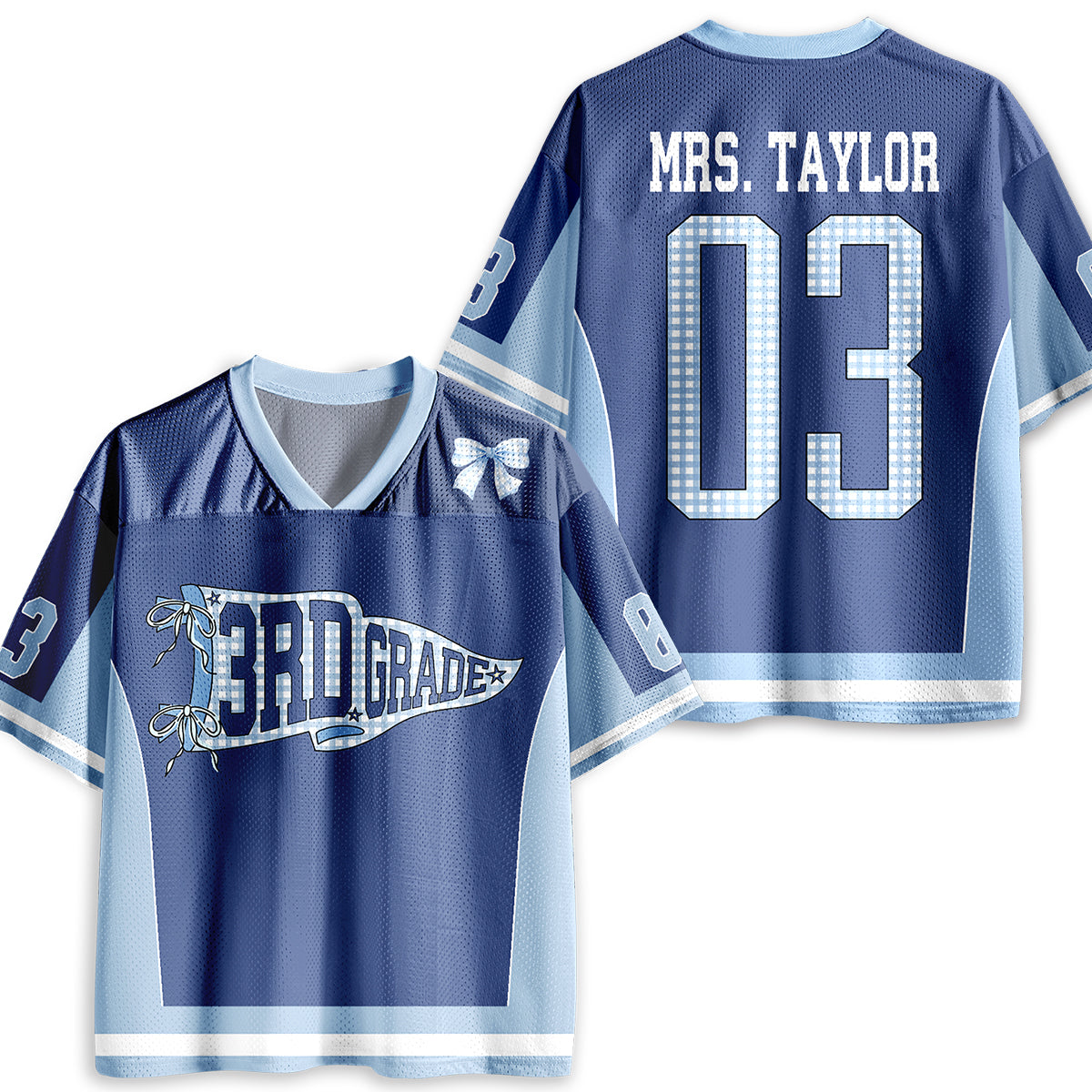 Personalized Grade And Name Pennant Coquette Bow Teacher Mesh Jersey