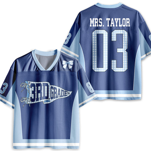 Personalized Grade And Name Pennant Coquette Bow Teacher Mesh Jersey