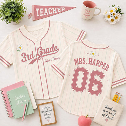 Personalized Grade And Name Preppy Pinstripe Daisy First Day Teacher Baseball Jersey