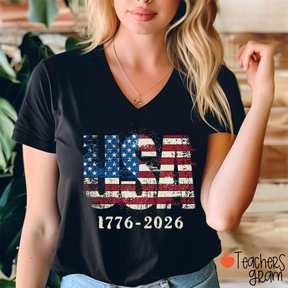 USA 1776-2026 Teacher Female V-Neck T-Shirt