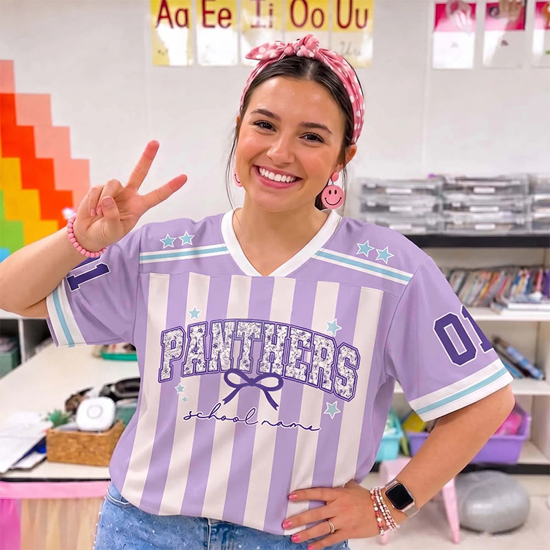 Personalized Mascot Name Preppy Stripes Bow First Day Teacher Mesh Jersey
